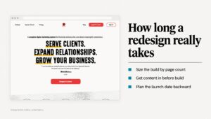 Snappy Kraken HubSpot pages beside a website redesign timeline chart showing build weeks by site size