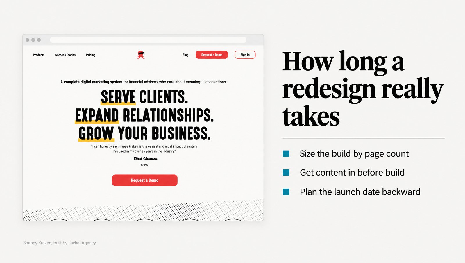 How Long Does a Website Redesign Take? Real Timelines by Size 1 Snappy Kraken HubSpot pages beside a website redesign timeline chart showing build weeks by site size