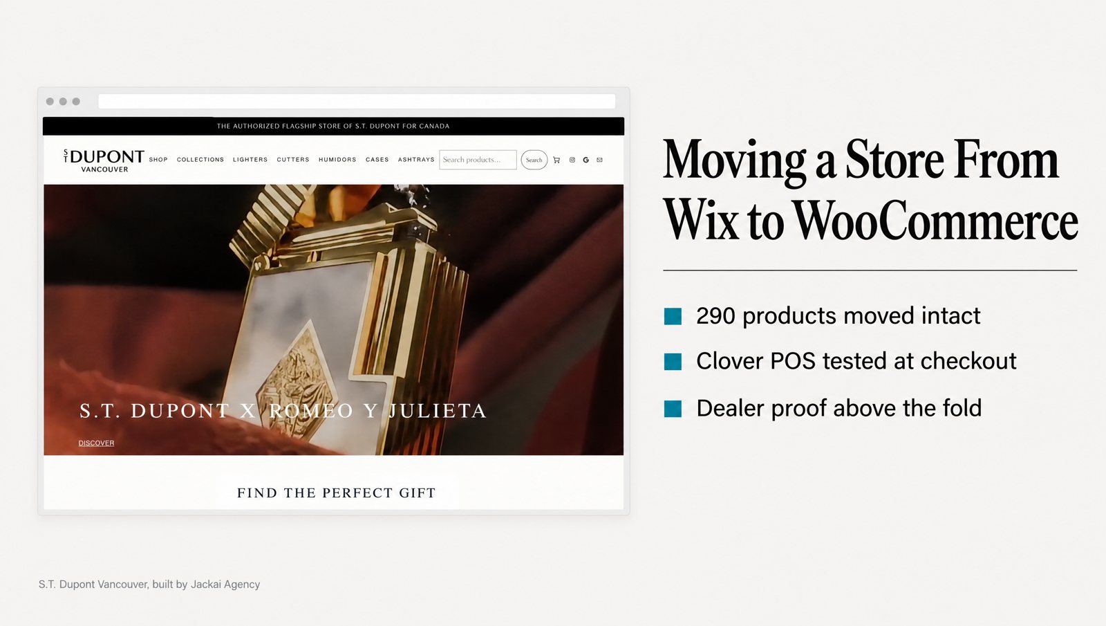 How to Move a Vancouver Store From Wix to WooCommerce 1 S.T. Dupont Vancouver storefront after its Wix to WooCommerce move, dealer proof and collection rail above the fold