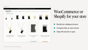 Retail storefront screenshot beside a woocommerce vs shopify checklist covering catalog, till, fees and ownership