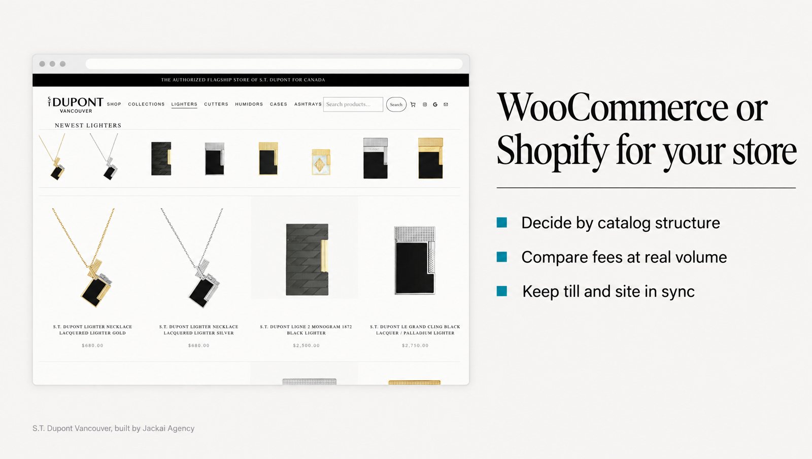 WooCommerce vs Shopify: Which Should a Retailer Choose? 1 Retail storefront screenshot beside a woocommerce vs shopify checklist covering catalog, till, fees and ownership