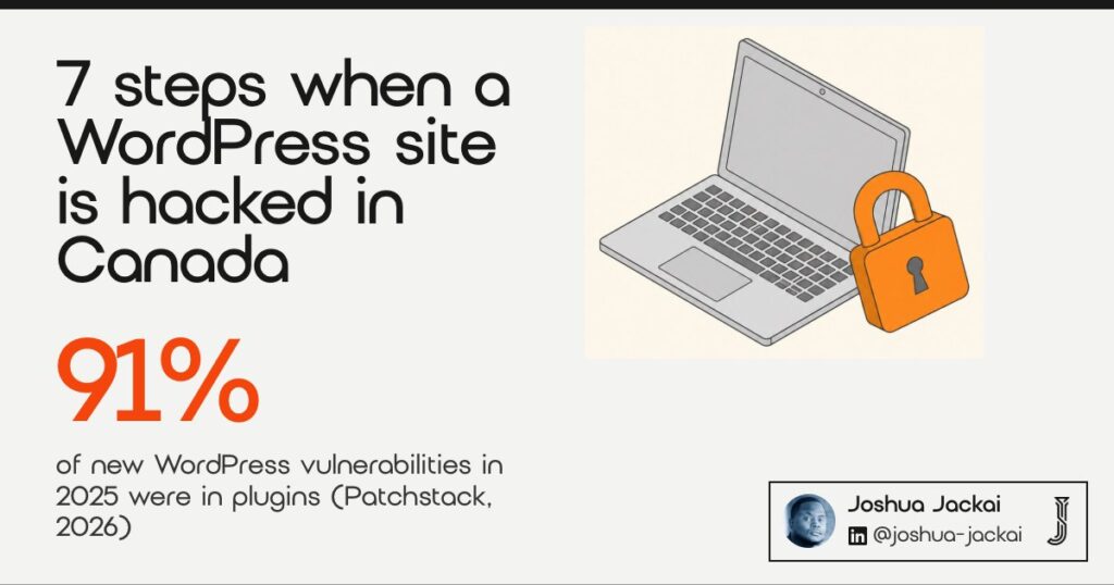7 steps when a WordPress site is hacked in Canada. 91% of new WordPress vulnerabilities in 2025 were in plugins (Patchstack, 2026). A laptop with an orange padlock.