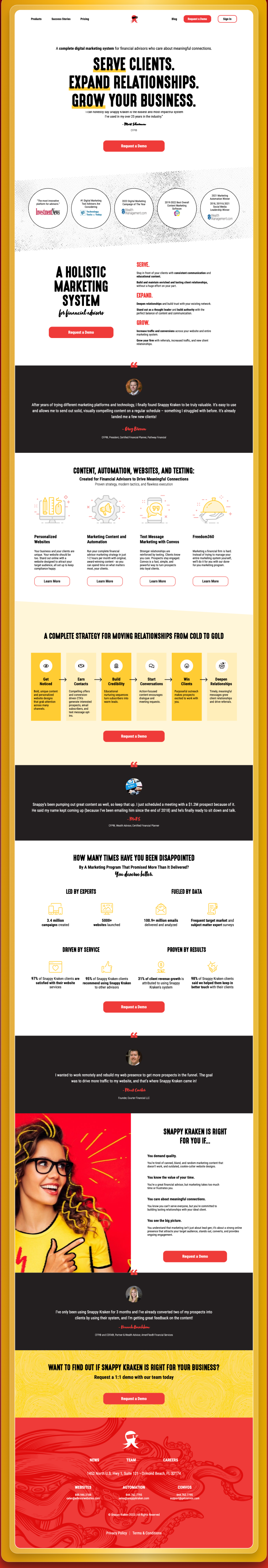 After: an audience-led homepage. The advisor is named in the first fold and 1 action is repeated in identical words down the page.