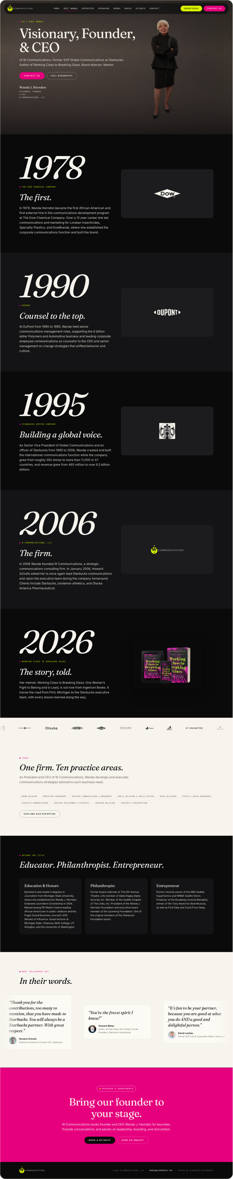 After: a biography page leading with the credential, with the narrative underneath it.