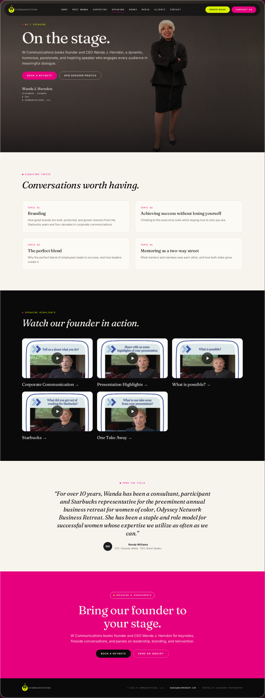 After: a speaking page stating formats and topics, then 1 enquiry action.