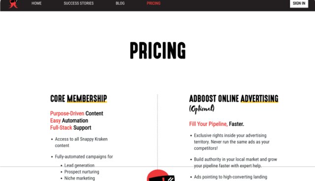 Before: Snappy Kraken, pricing page